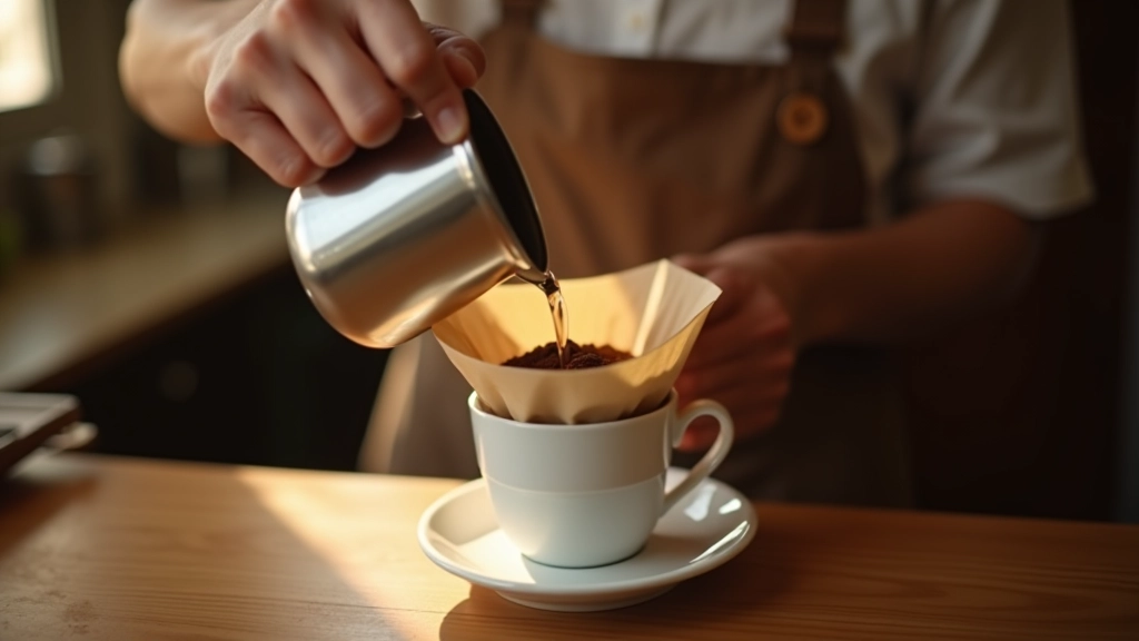 Barista vertiendo agua caliente en café molido dentro de un filtro tradicional de tela, taza de cerámica blanca esperando debajo, luz cálida de la mañana