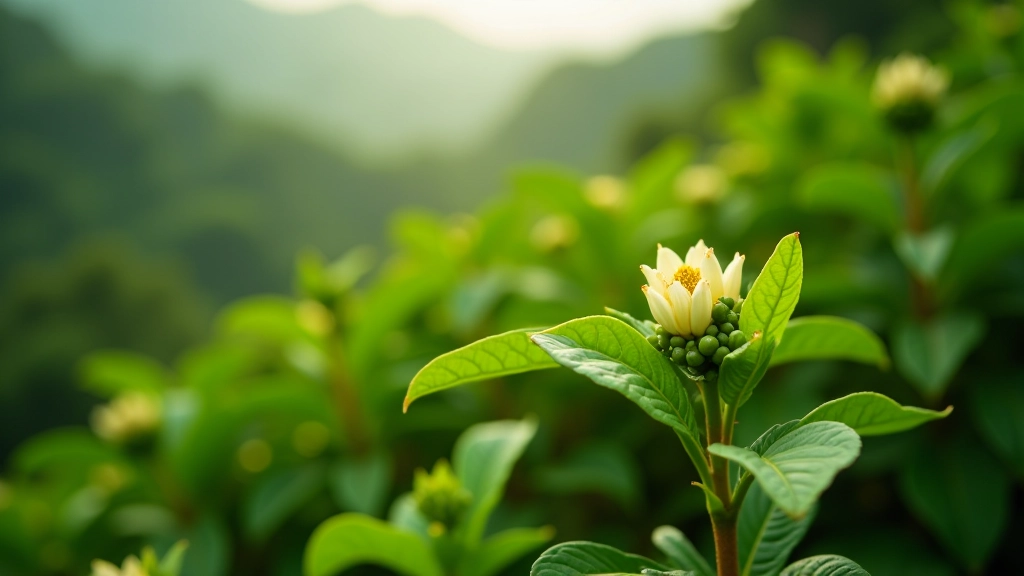 Plantaciones de café en ladera de montaña con plantas verdes y flores blancas de café visibles