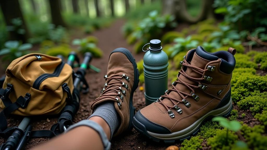 Botas de senderismo en roca del sendero, botella de agua de metal, bastón de trekking y mochila pequeña sobre fondo de musgo y plantas
