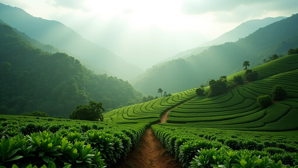 Hermosas montañas verdes de las fincas cafetaleras de Lares y Maricao con niebla matutina